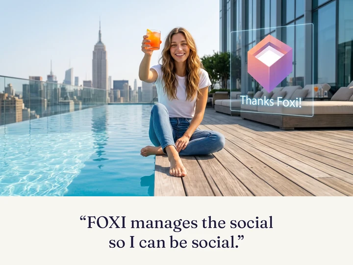 A woman on a rooftop raises a glass. FOXI manages the social so I can be social.